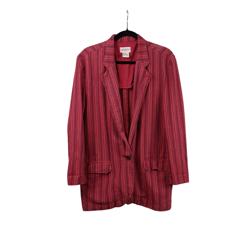 Vintage WORDS Womens Red Striped Ramie Blend Blazer Jacket Size M‎